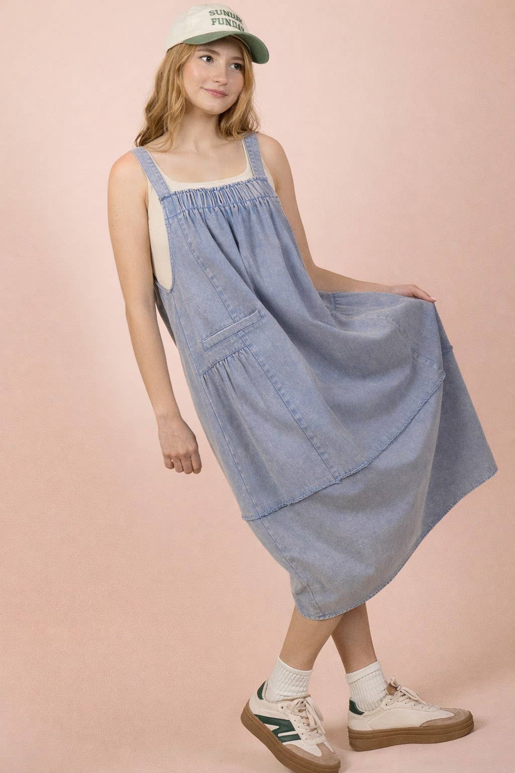 Mineral Washed Denim Overall Casual Midi Dress