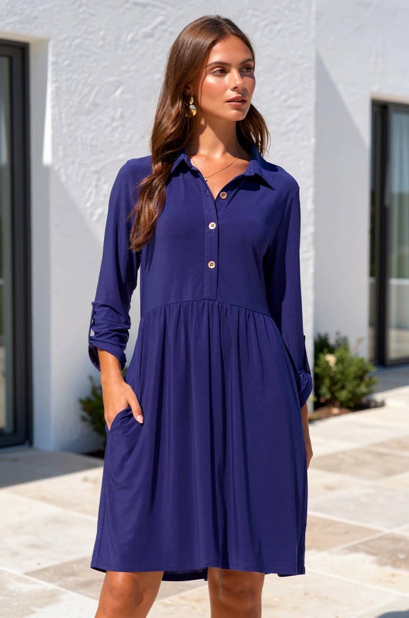 Inspire Regular Size Collared Shirt Dress w/ Pockets