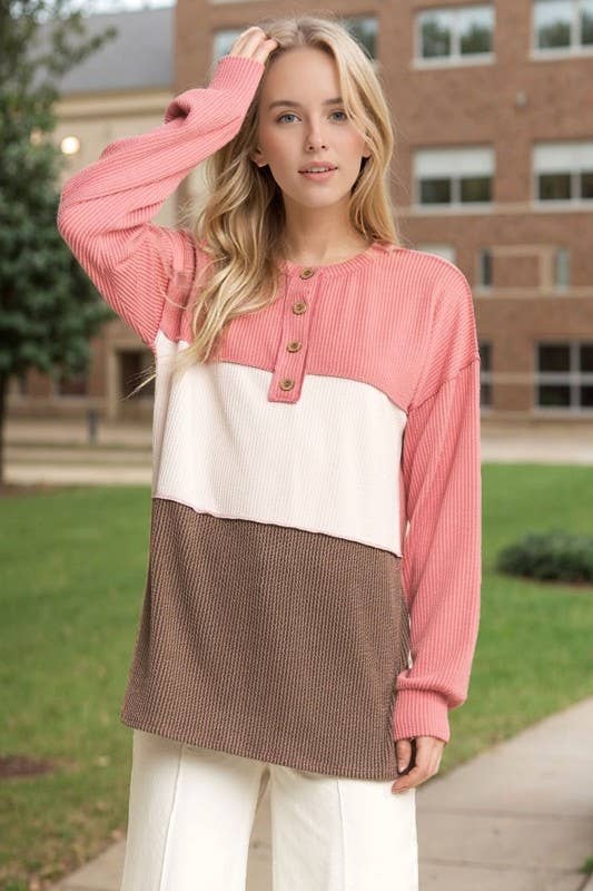 LONG SLEEVE COLOR BLOCK HENLEY TOP