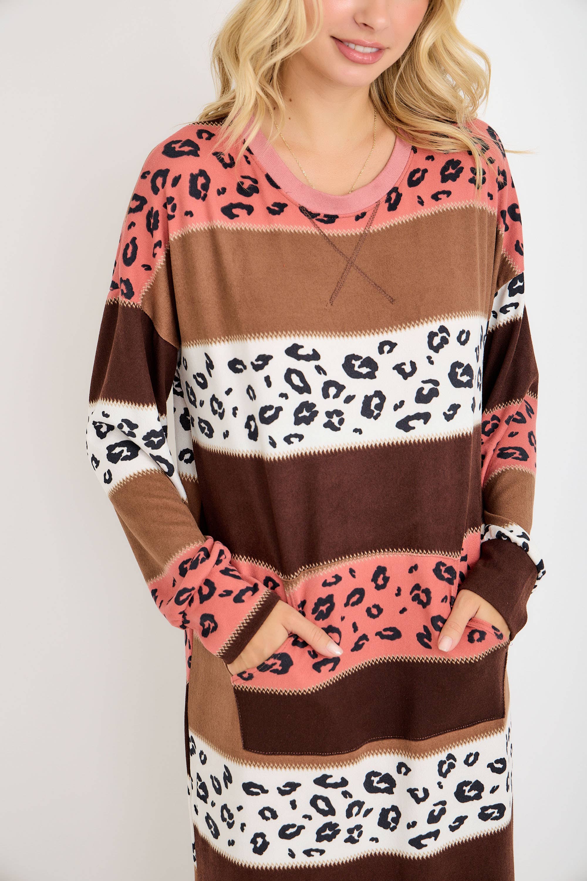 Striped Animal Print Sweatshirt Dress