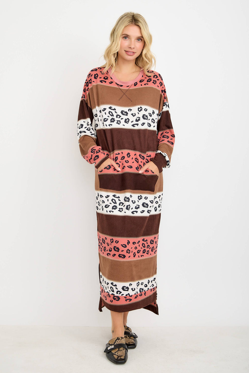 Striped Animal Print Sweatshirt Dress