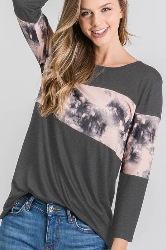 Tie Dye and Black Color Block Top - 3/4 Sleeves