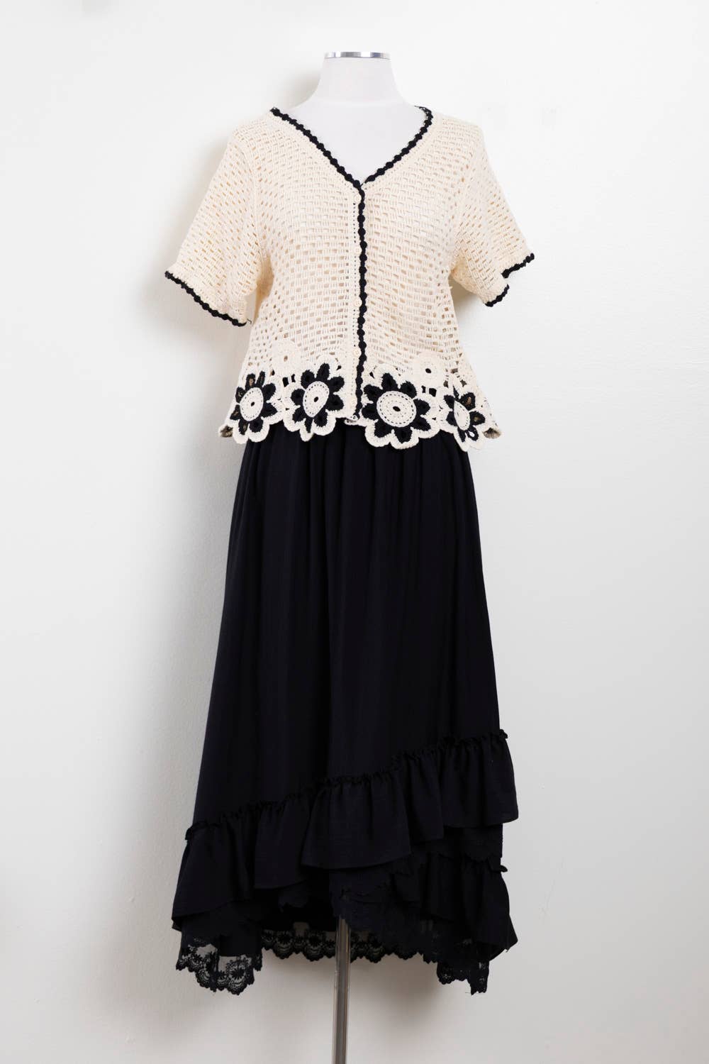Ruffle Hem Lace Trim Midi Skirt