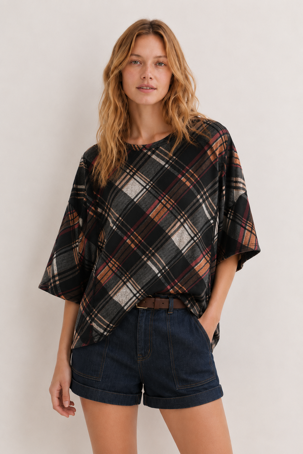 Vintage Wash Plaid Oversized Knit Top