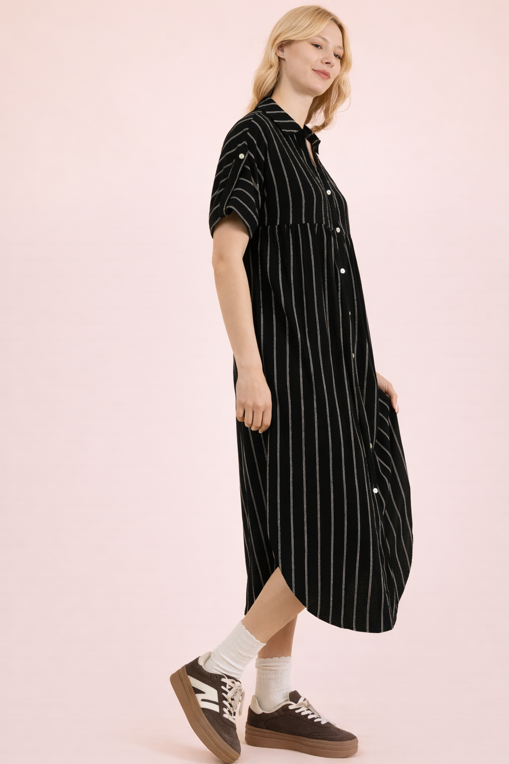 Striped Midi Button Down Shirt Dress