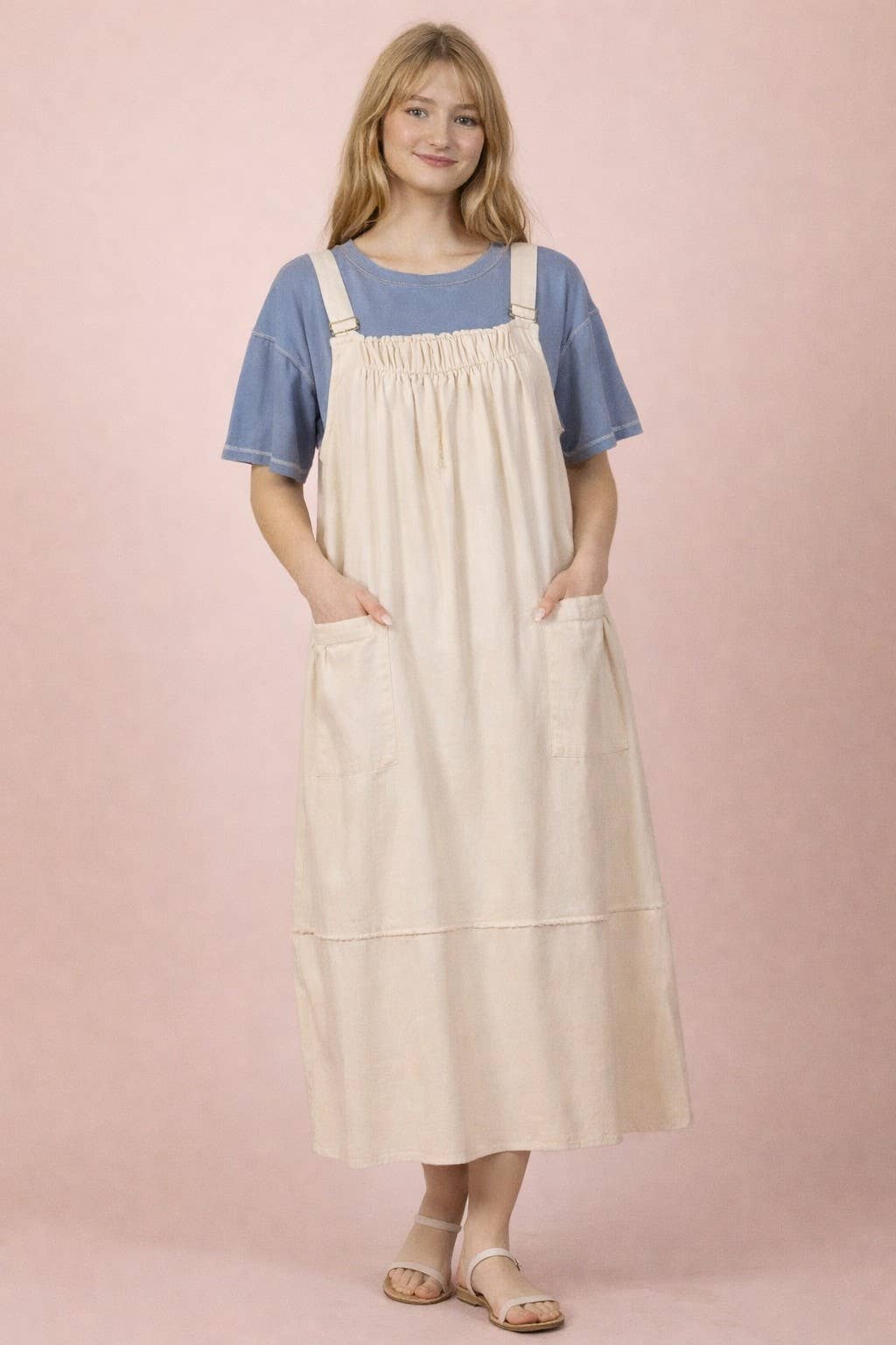 Mineral Washed Denim Overall Casual Midi Dress