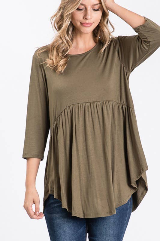 Solid Baby Doll Top - 3/4 Sleeves