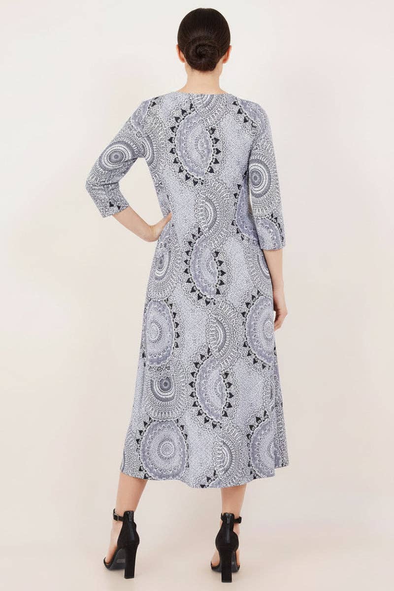 GRAY CIRCLE TIE-NECK A-LINE DRESS
