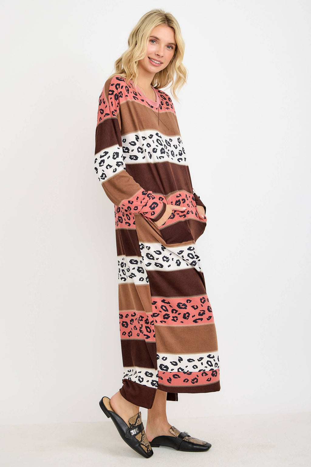 Striped Animal Print Sweatshirt Dress