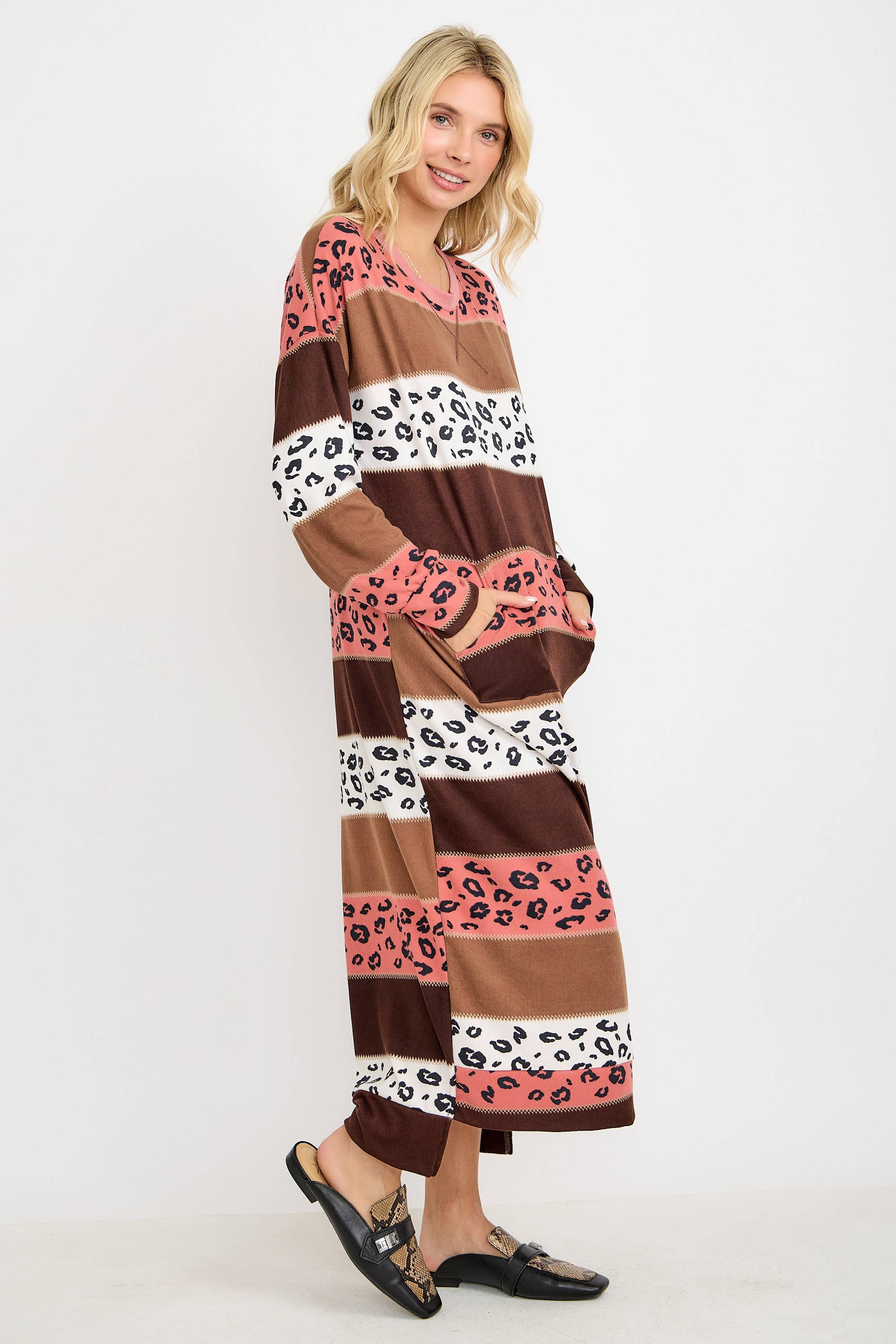 Striped Animal Print Sweatshirt Dress