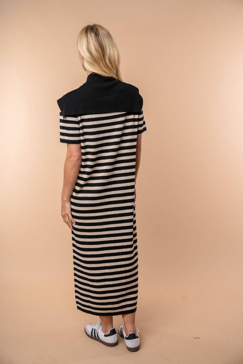 Short Sleeve Striped Knit Midi Dress With Scarf