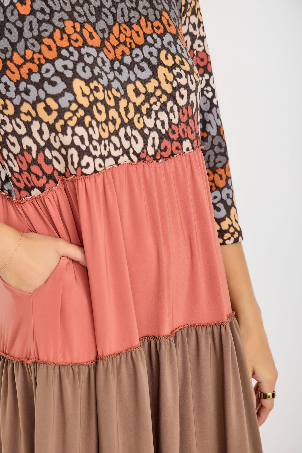 Animal Print & Color Block  Tiered Dress