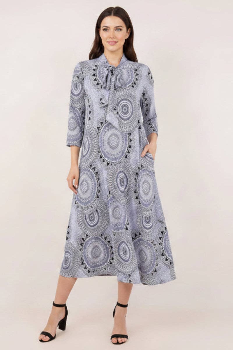 GRAY CIRCLE TIE-NECK A-LINE DRESS