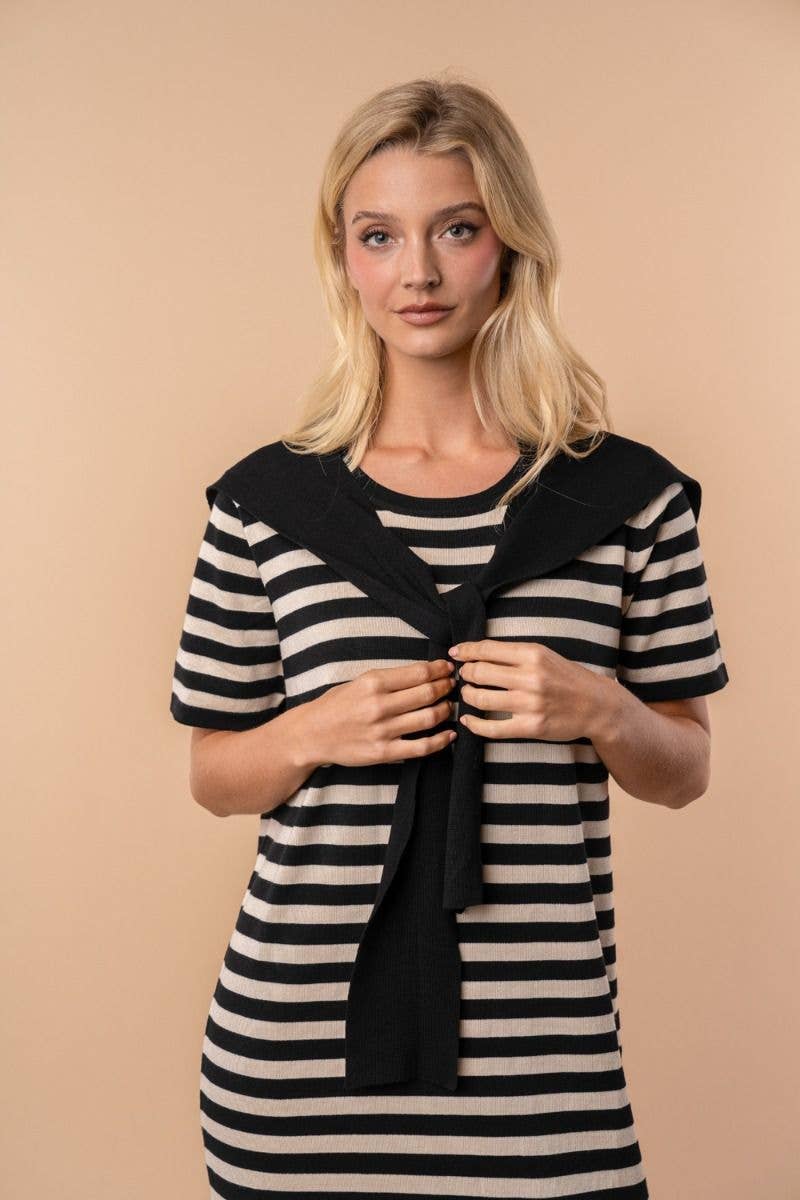 Short Sleeve Striped Knit Midi Dress With Scarf