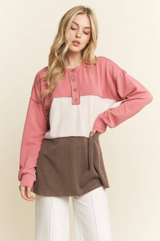 LONG SLEEVE COLOR BLOCK HENLEY TOP