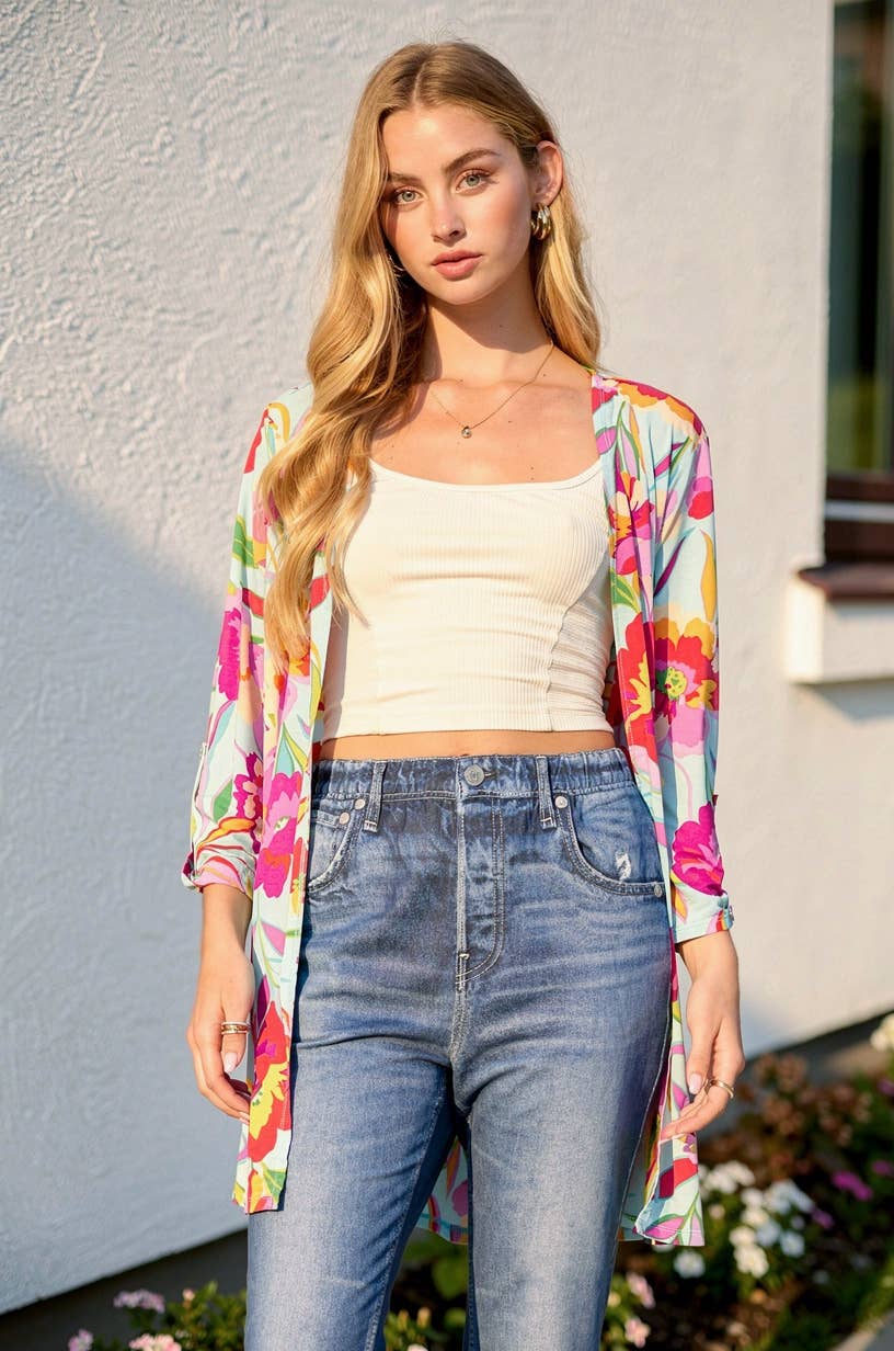 Floral Print Open Front Cardigan