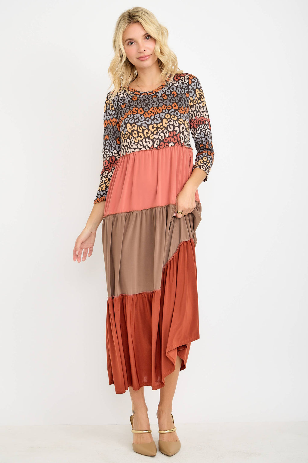 Animal Print & Color Block  Tiered Dress