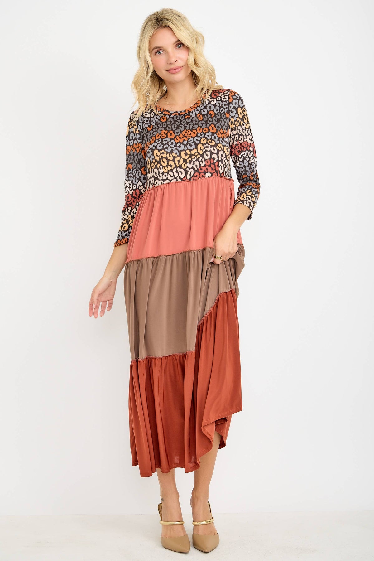 Animal Print & Color Block  Tiered Dress