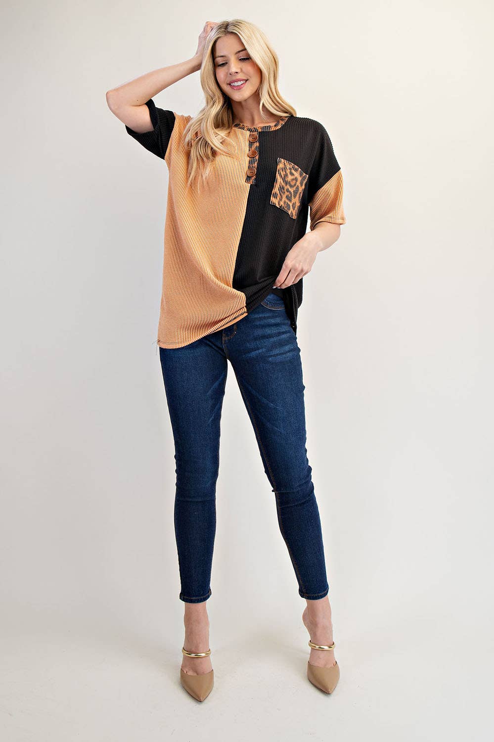 Two-tone Knit Top With Leopard Accent
