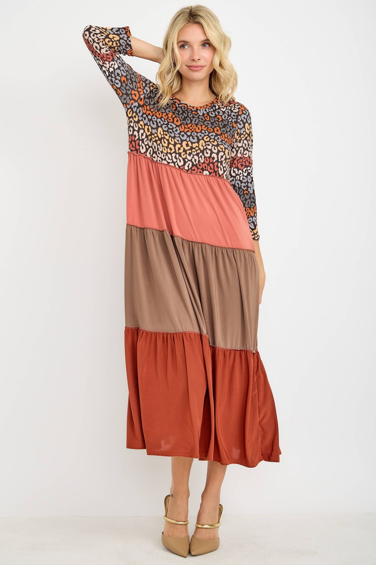 Animal Print & Color Block  Tiered Dress