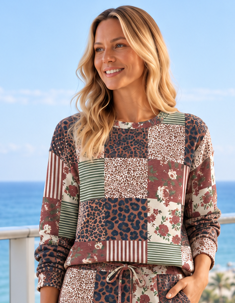 Preorder Boho Patchwork Mixed Print Long Sleeve Top