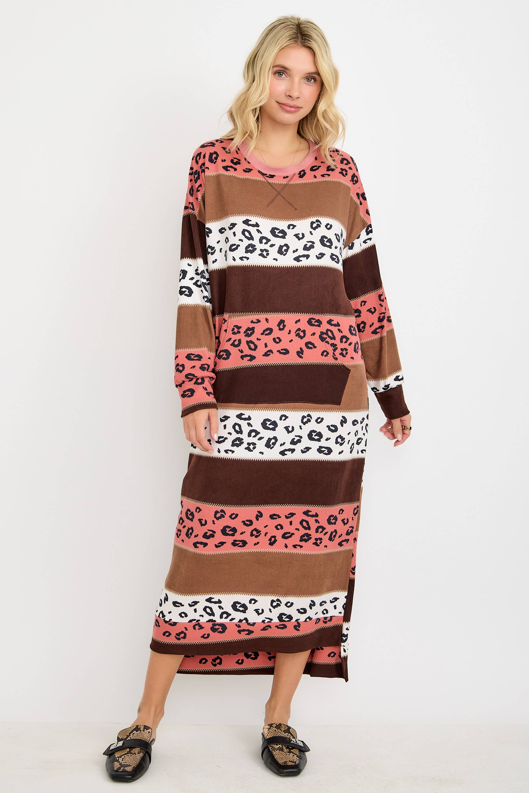 Striped Animal Print Sweatshirt Dress