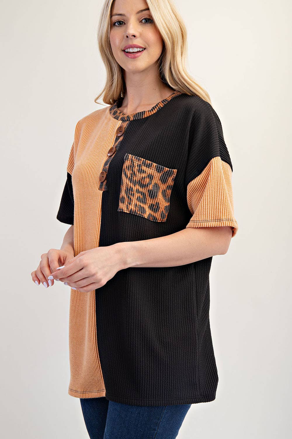Two-tone Knit Top With Leopard Accent