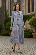 GRAY CIRCLE TIE-NECK A-LINE DRESS