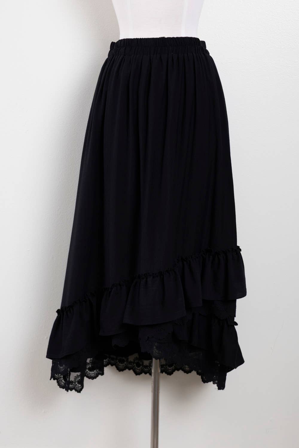 Ruffle Hem Lace Trim Midi Skirt