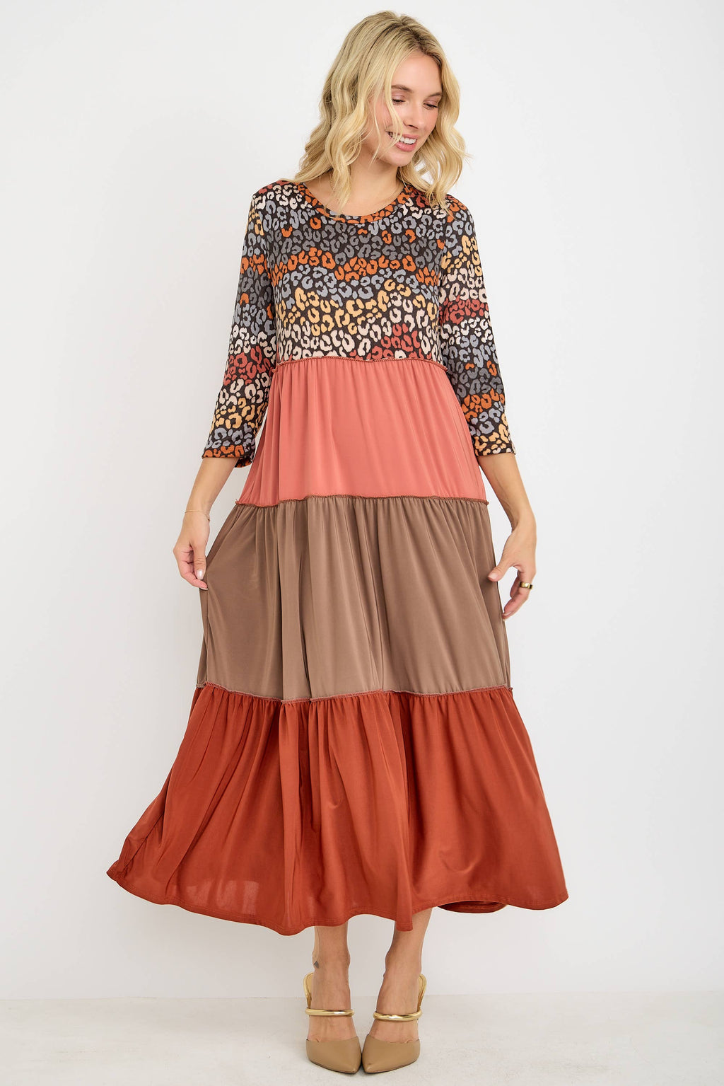 Animal Print & Color Block  Tiered Dress