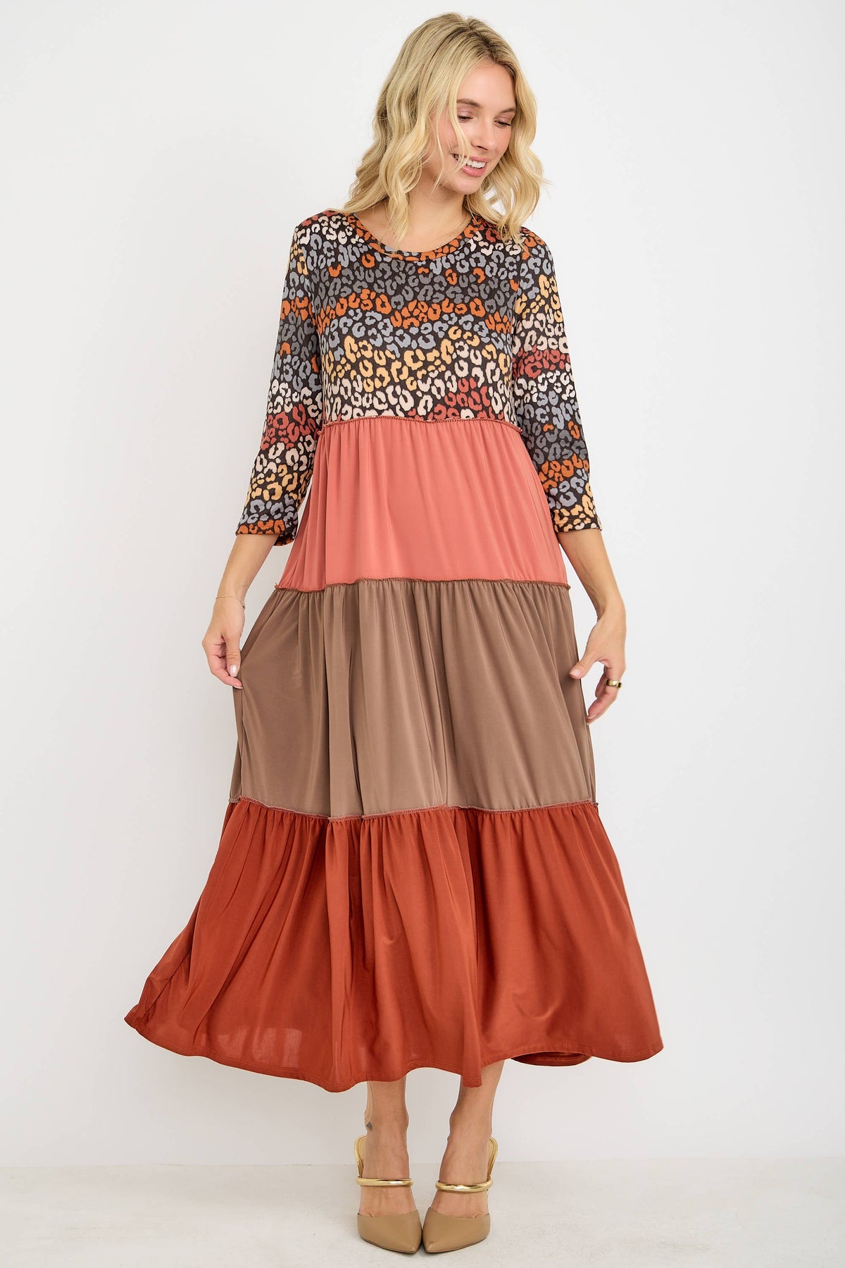 Animal Print & Color Block  Tiered Dress