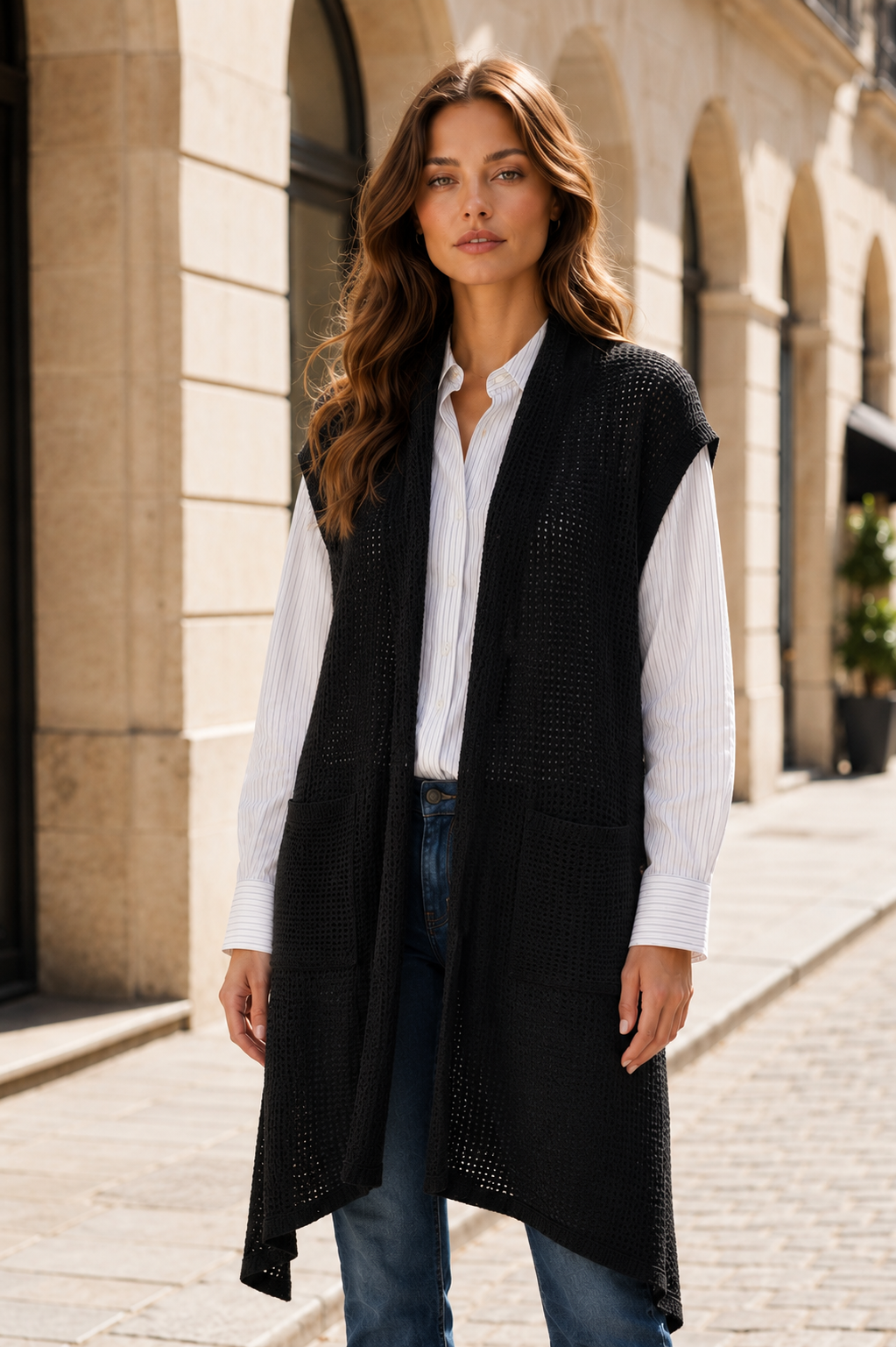 Sleeveless Waffle Knit Midi Vest