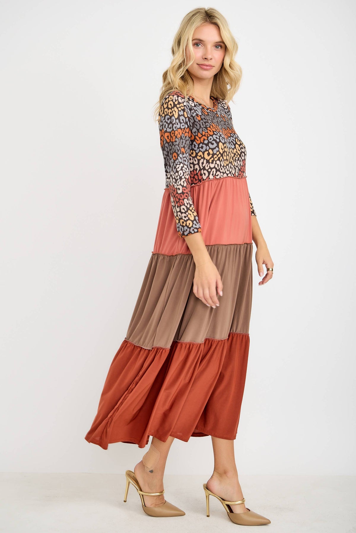 Animal Print & Color Block  Tiered Dress
