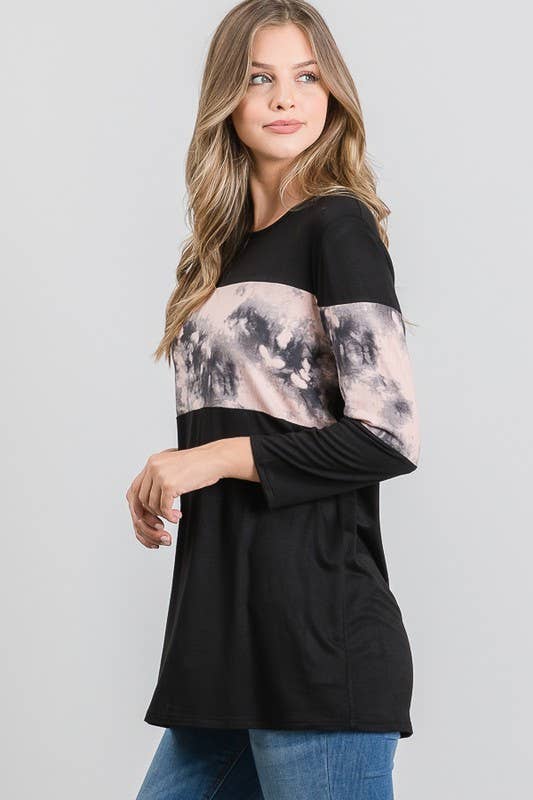 Tie Dye and Black Color Block Top - 3/4 Sleeves