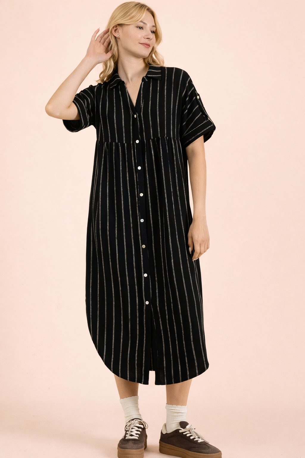 Striped Midi Button Down Shirt Dress
