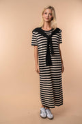 Short Sleeve Striped Knit Midi Dress With Scarf