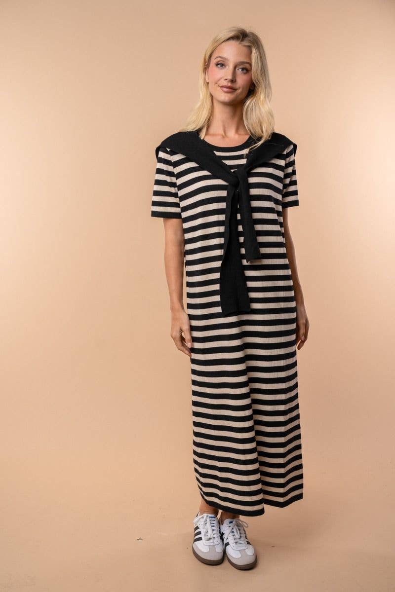 Short Sleeve Striped Knit Midi Dress With Scarf