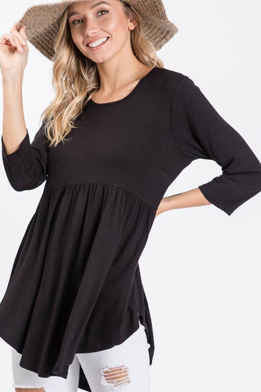 Solid Baby Doll Top - 3/4 Sleeves