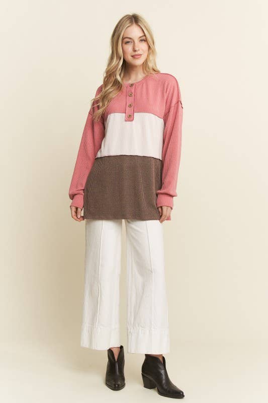 LONG SLEEVE COLOR BLOCK HENLEY TOP