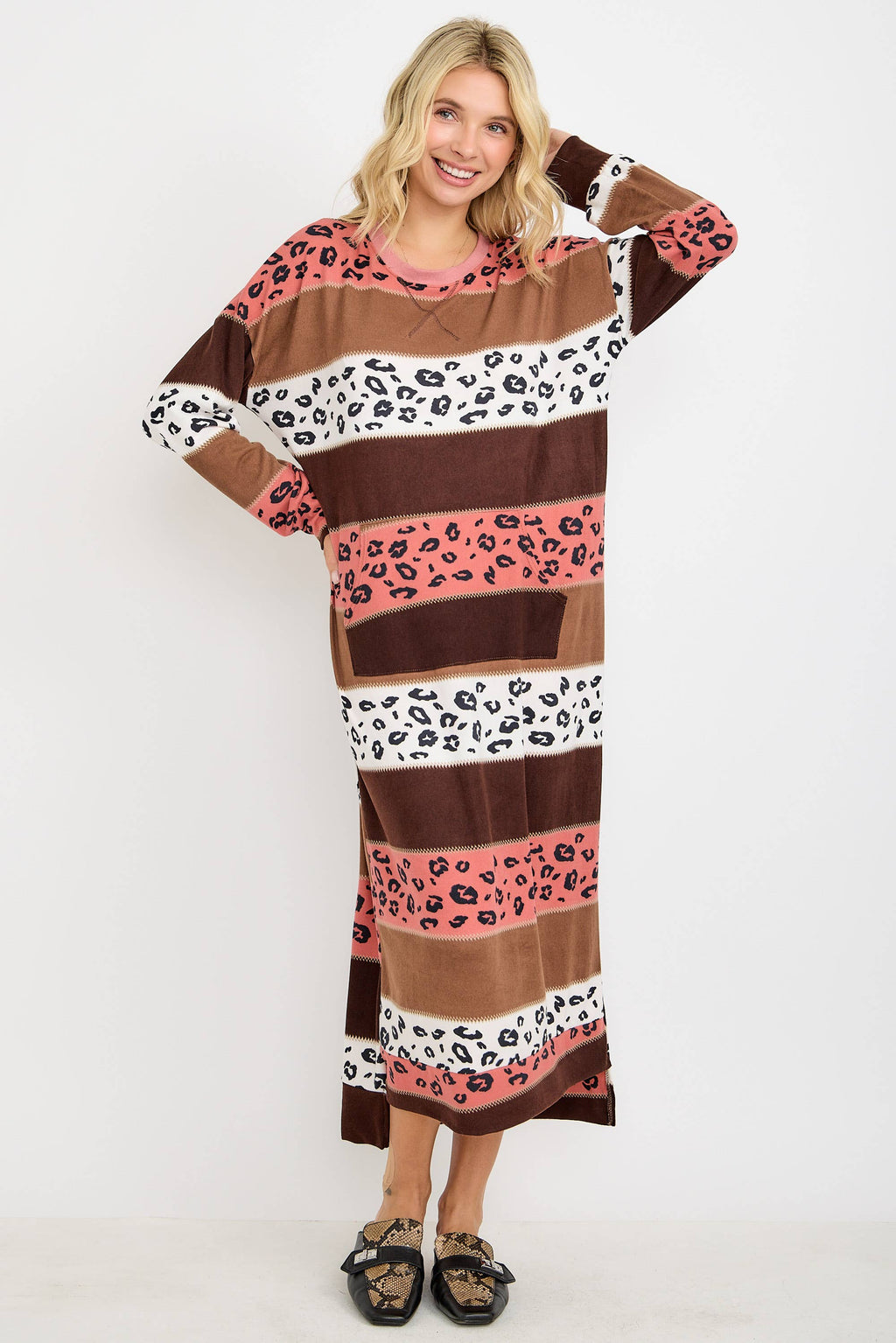 Striped Animal Print Sweatshirt Dress