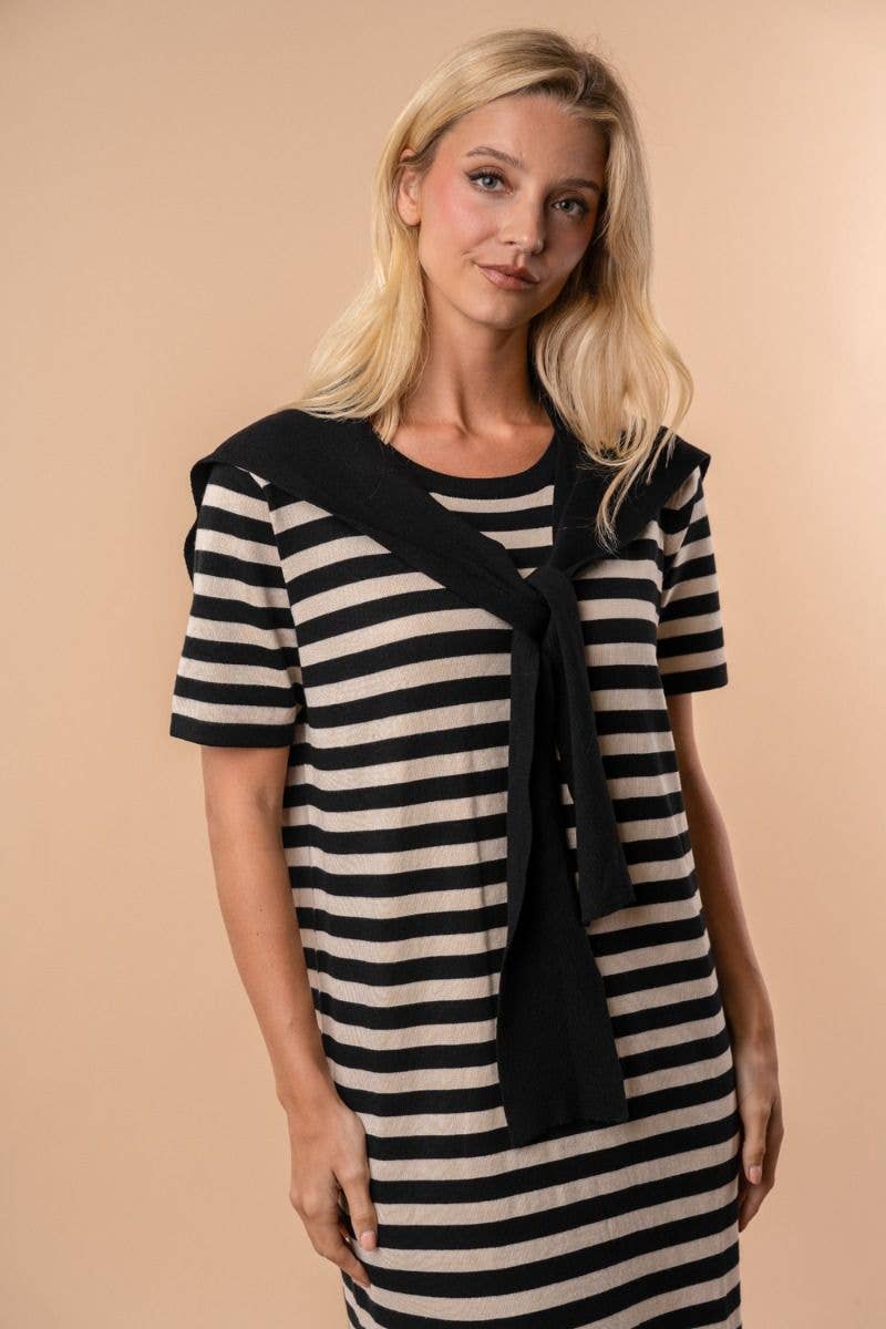 Short Sleeve Striped Knit Midi Dress With Scarf