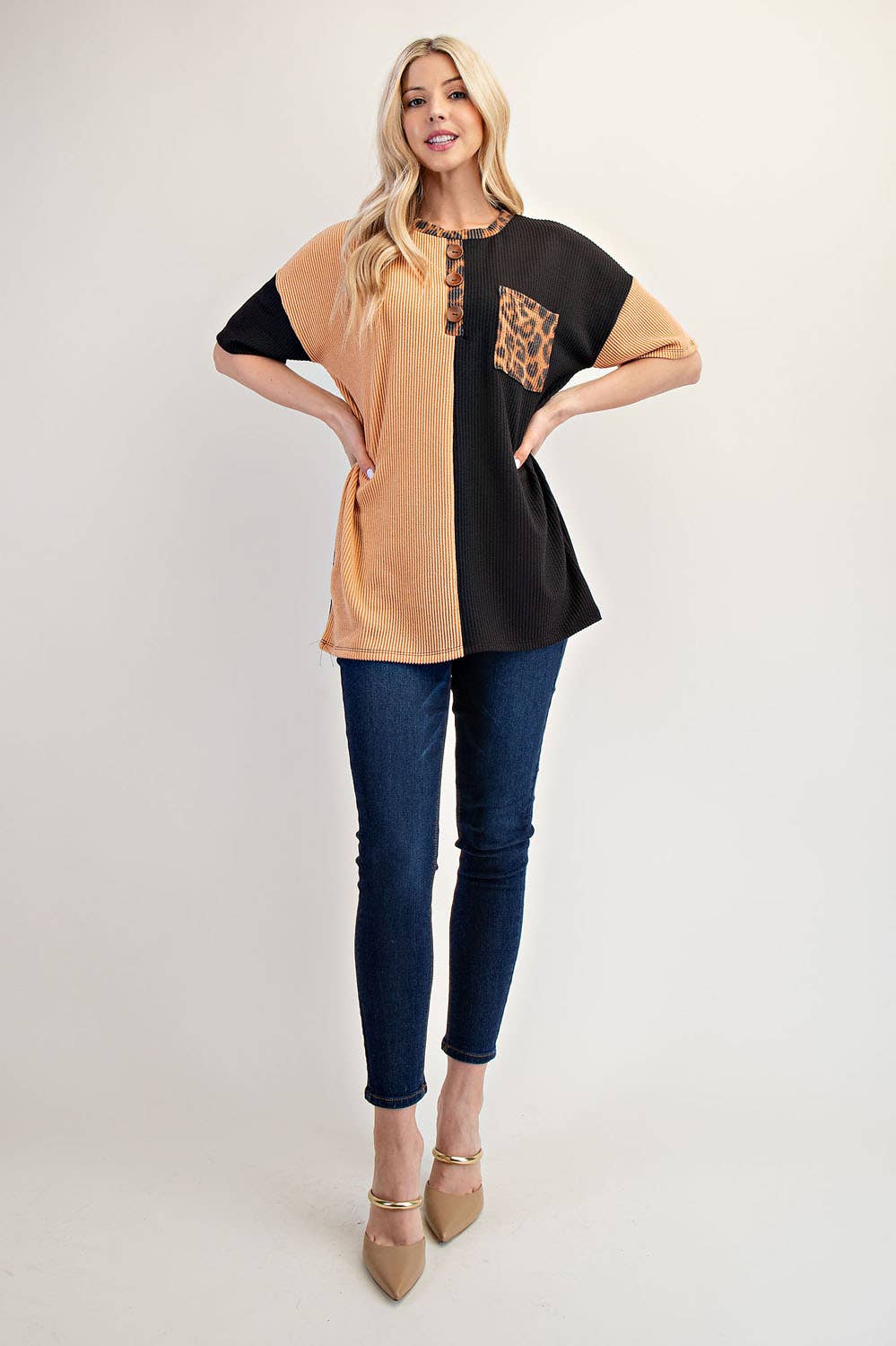 Two-tone Knit Top With Leopard Accent