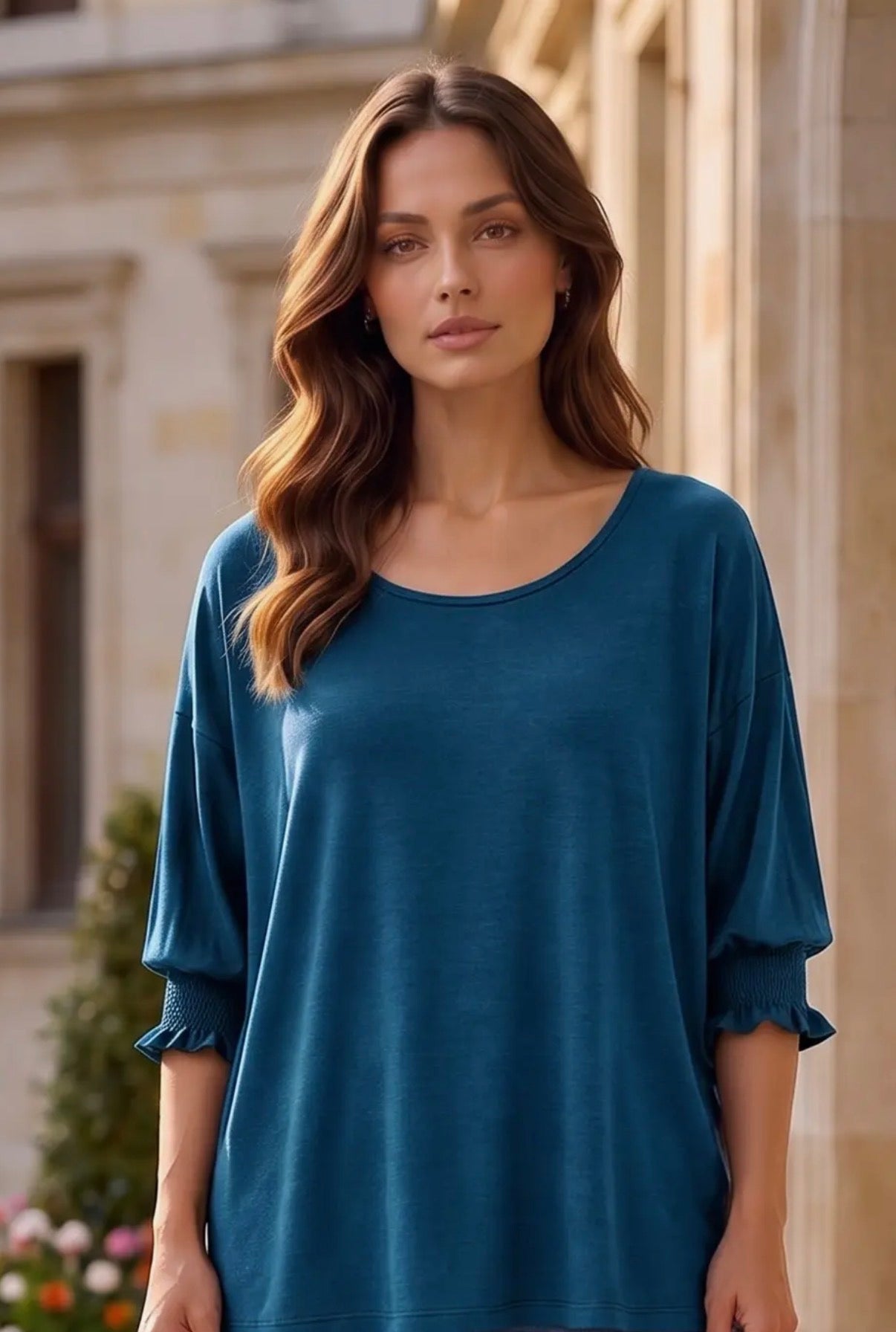 Oversized Smocked 3/4 Sleeve Poncho Top