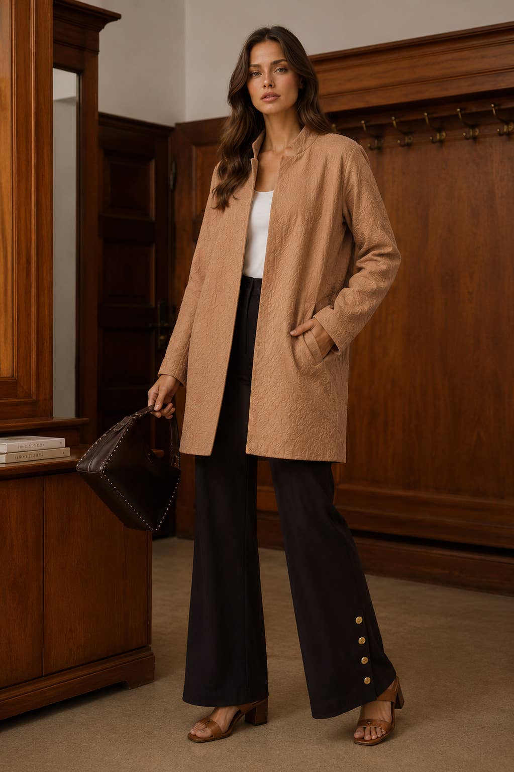 Elegant Jacquard Midi Coat