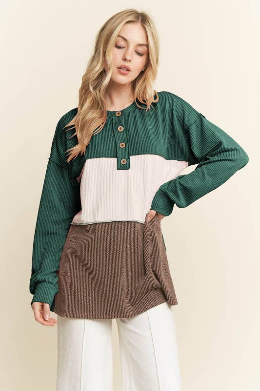LONG SLEEVE COLOR BLOCK HENLEY TOP