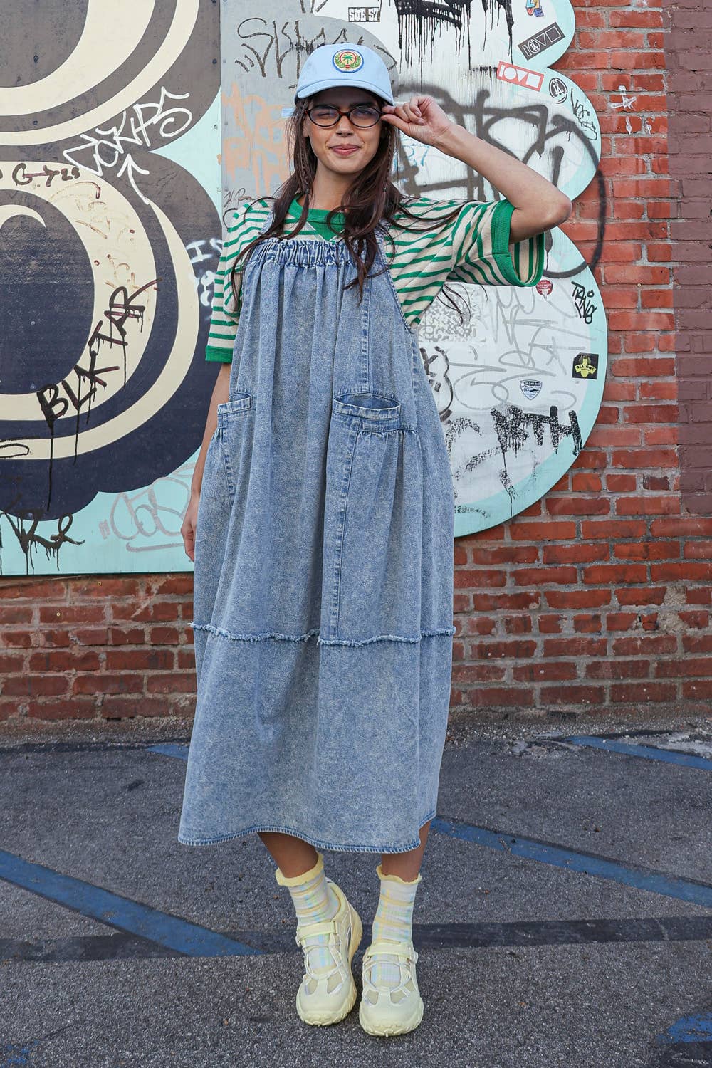 Mineral Washed Denim Overall Casual Midi Dress