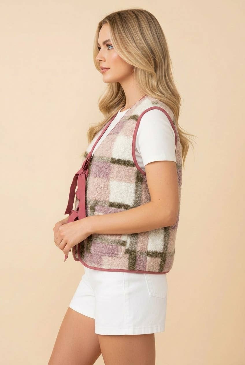 Plaid Fleece Tie Front Vest