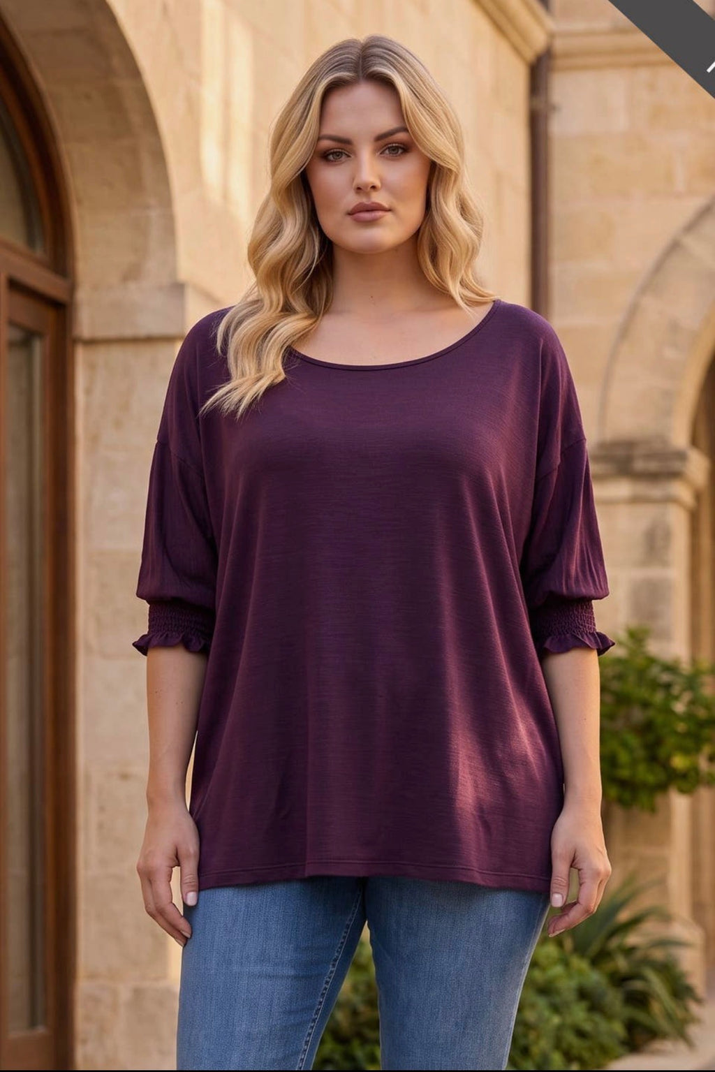 Oversized Smocked 3/4 Sleeve Poncho Top