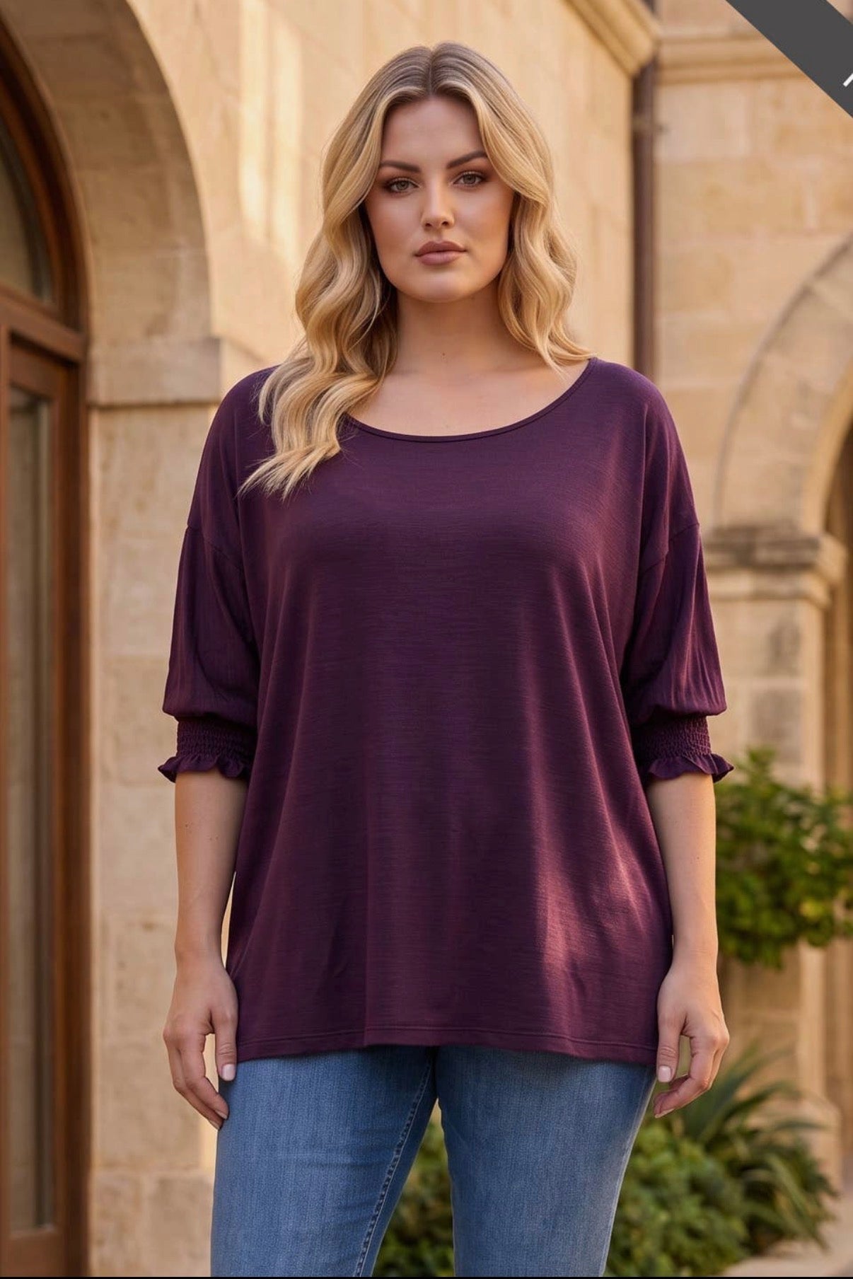 Oversized Smocked 3/4 Sleeve Poncho Top