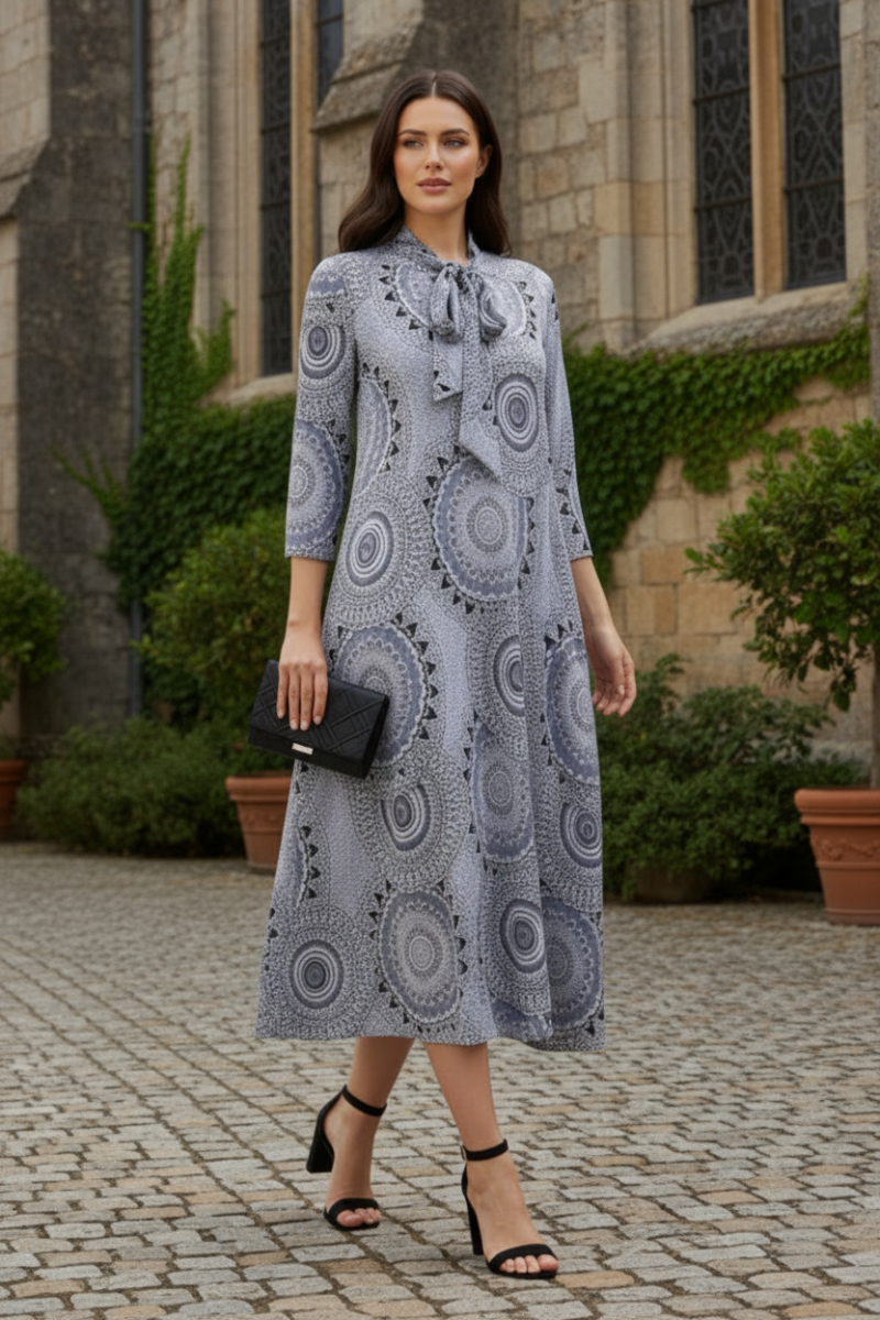 GRAY CIRCLE TIE-NECK A-LINE DRESS